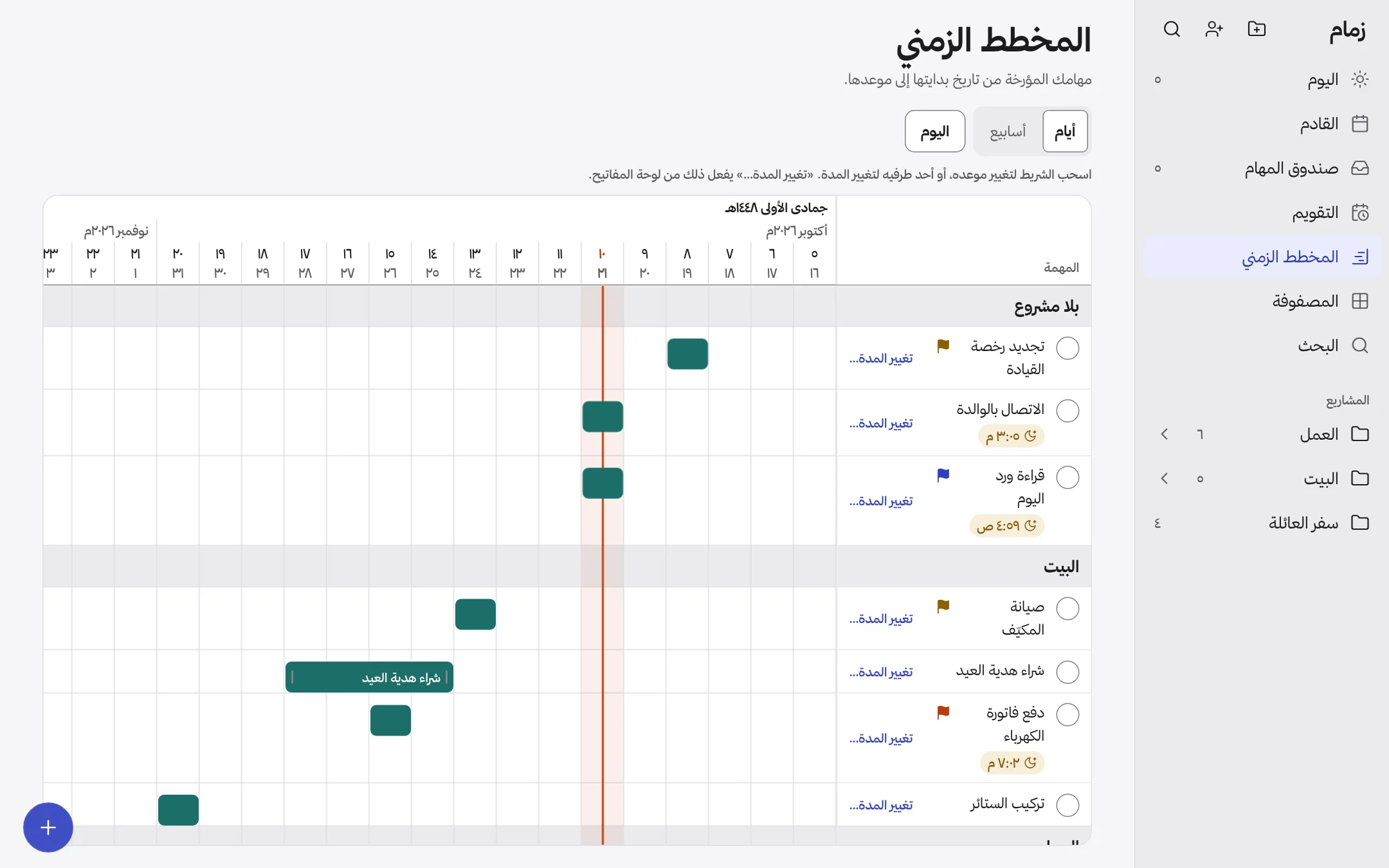 المخطط الزمني في زمام: المهام أشرطة على محور الأيام بالهجري والميلادي